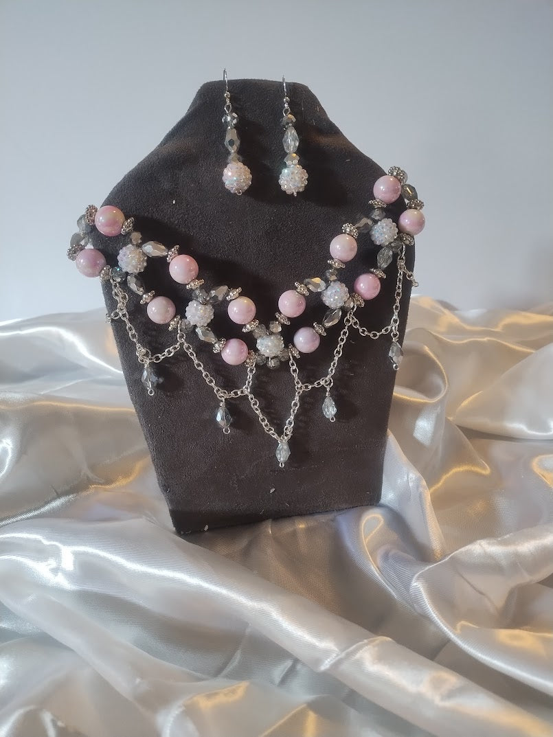 Choker and Dangle Earring Set - Elegant Princess Look with Pink Pearl and Crystal Tear drops - Made with love for that elegant and very chic look. - Handmade Jewelry