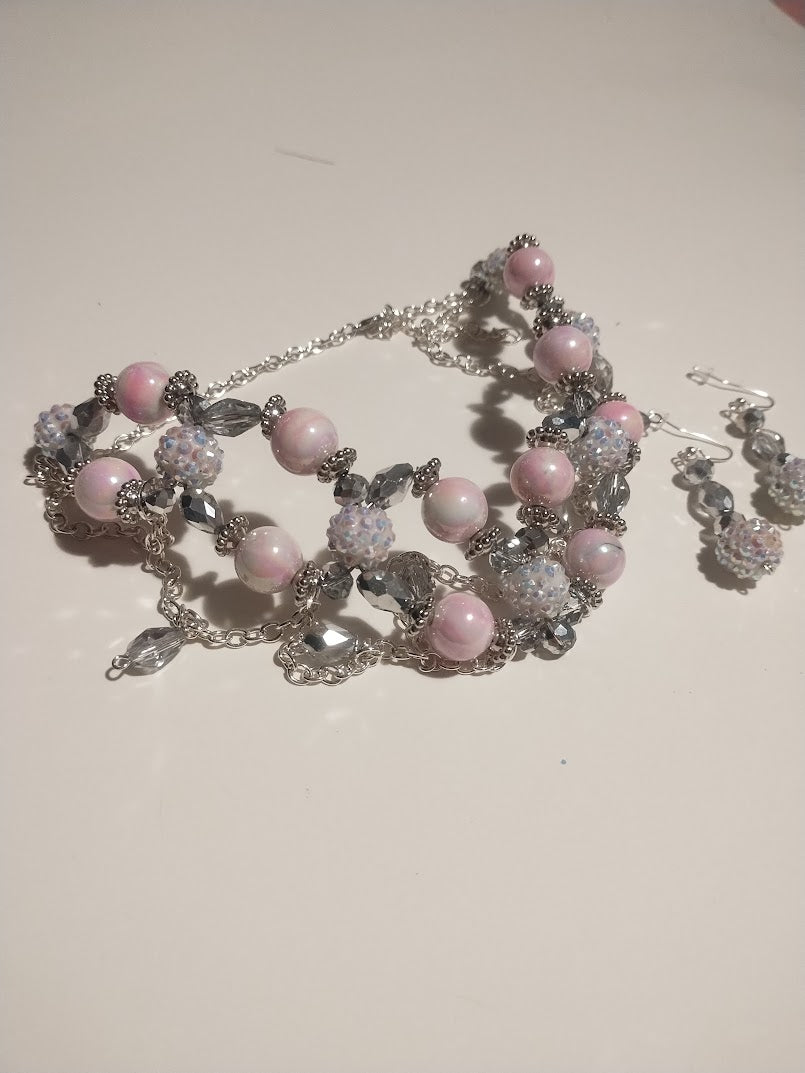 Choker and Dangle Earring Set - Elegant Princess Look with Pink Pearl and Crystal Tear drops - Made with love for that elegant and very chic look. - Handmade Jewelry