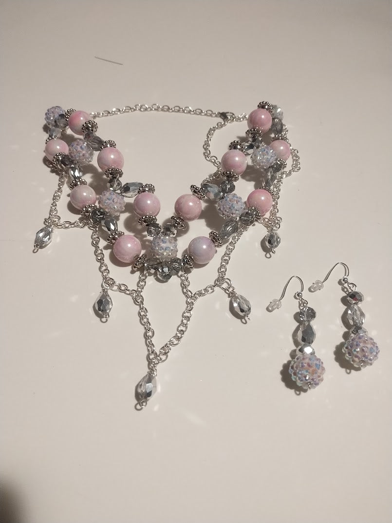 Choker and Dangle Earring Set - Elegant Princess Look with Pink Pearl and Crystal Tear drops - Made with love for that elegant and very chic look. - Handmade Jewelry
