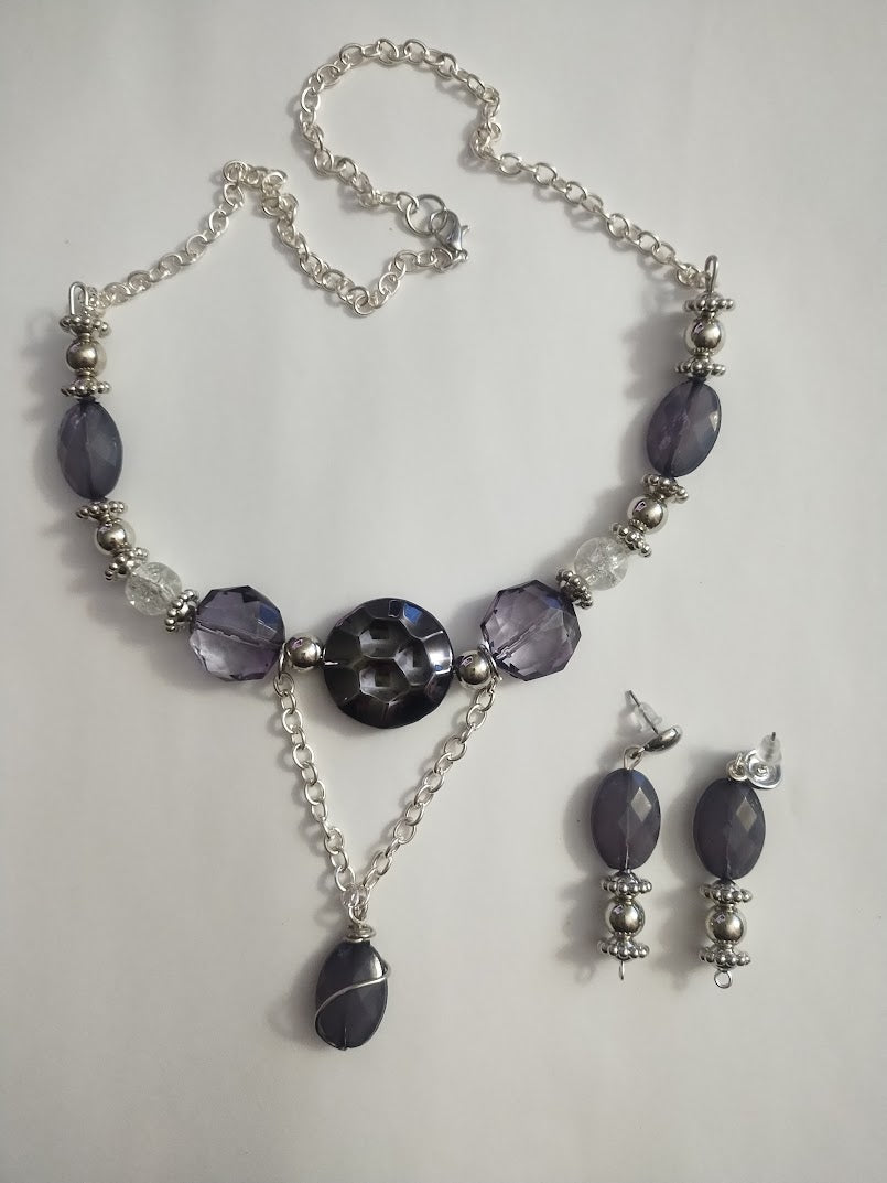 Grey Crystal and Silver Necklace and Dangle Post Earrings - Elegant and Chic, For you or as a gift, Any time wear - Handmade Jewelry