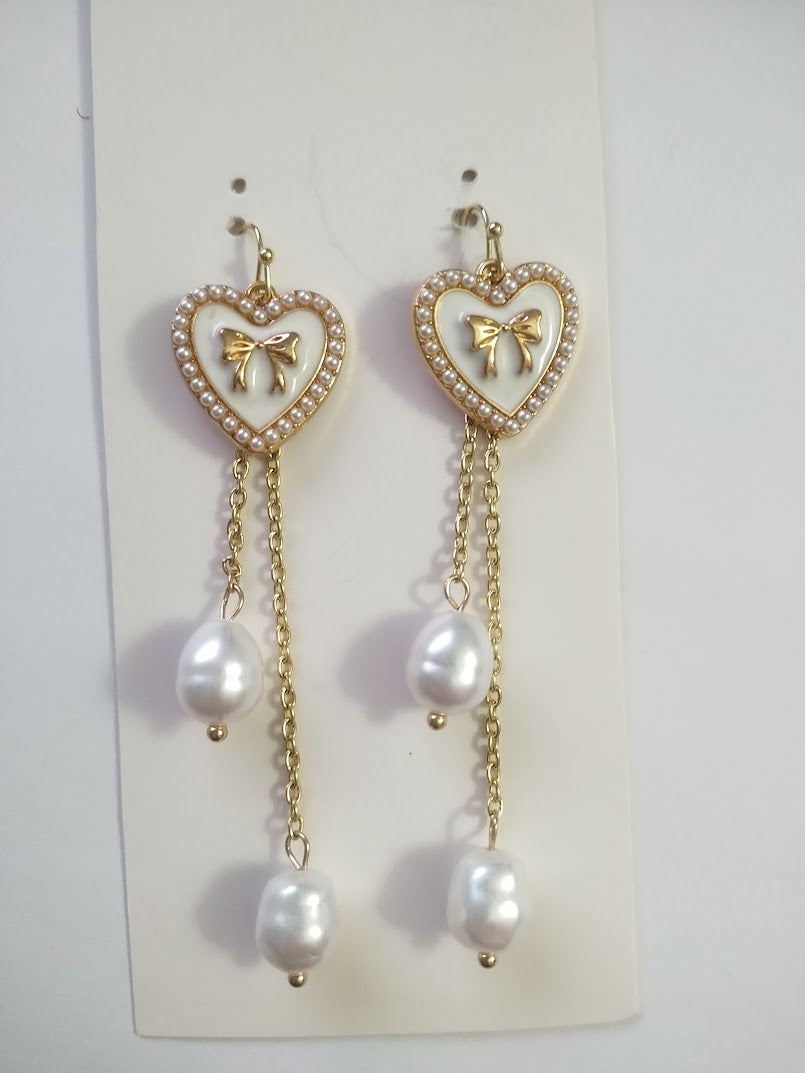 Heart and Pearl Dangle Earrings - Faux Fresh Water Pearl Earrings, Great Gift for Daughter, Granddaugher, Neice, Teen