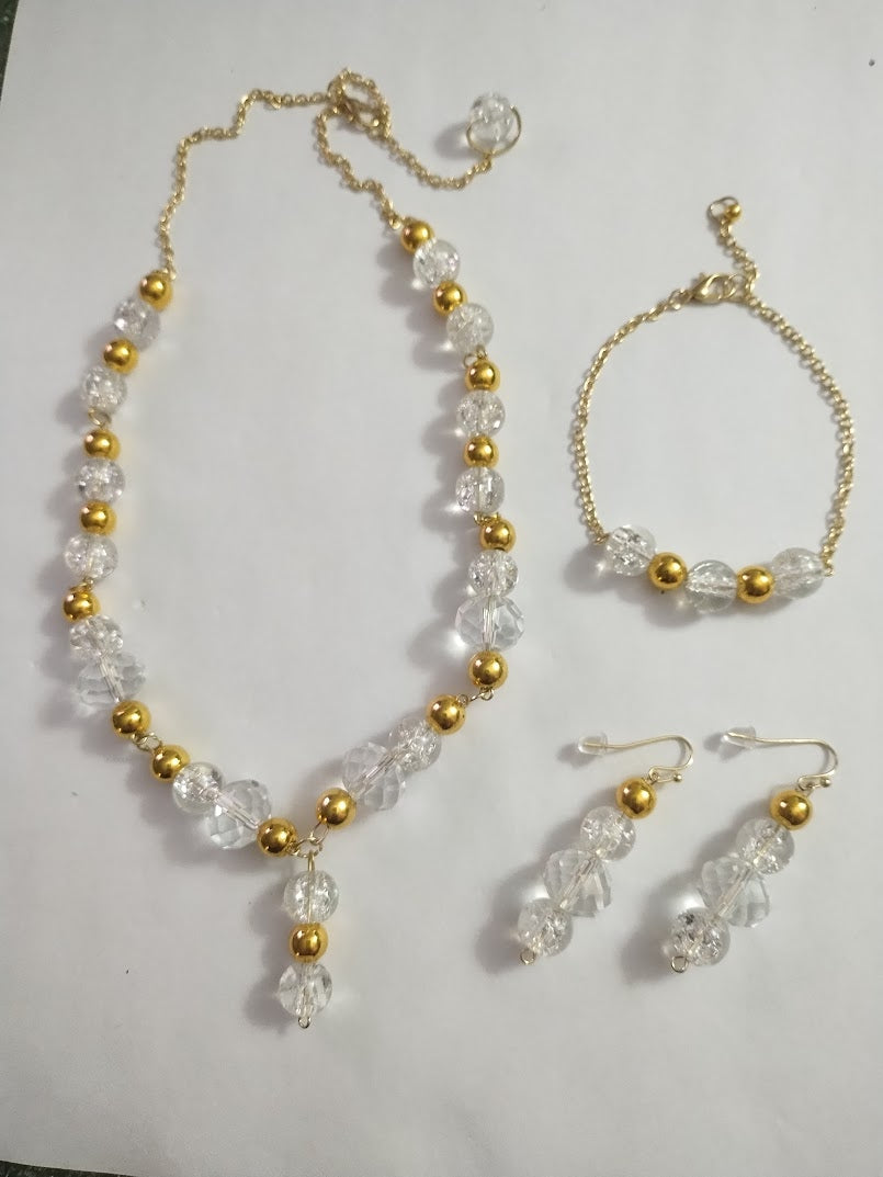 Faux Crystal and Gold Necklace, Bracelet and Earrings - Lovely, Romantic, Gift for any woman, Any occasion wear - Handmade Jewelry