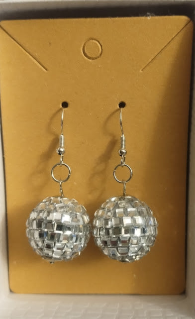 Disco Ball Dangle Earrings - Go back to the 60'S & 70'and live it up with these funky silver mirror disco ball. Boho Chic, Dance Party, Costume Accessories, Night on the Town Accessory - Handmade Jewelry