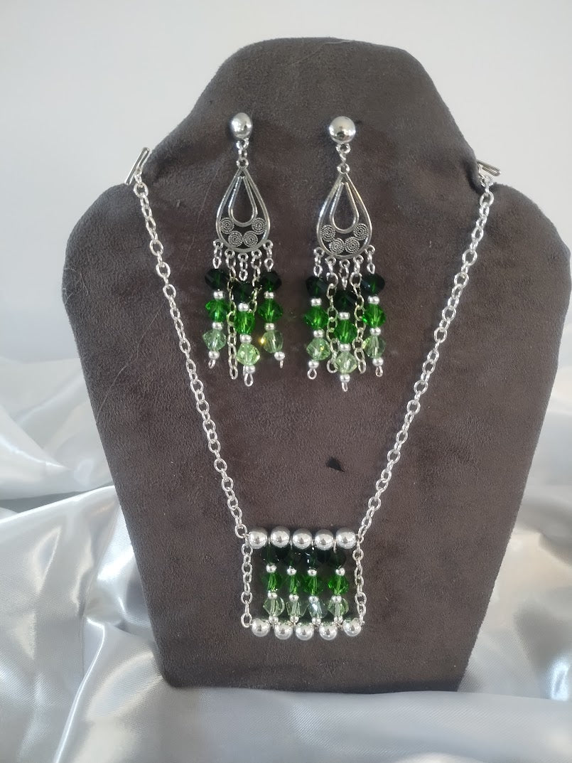 Emerald Green Necklace and Dangle Earring Set - Chic, Classy, Anytime Wear, Lovely Gift for Her - Handmade Jewelry