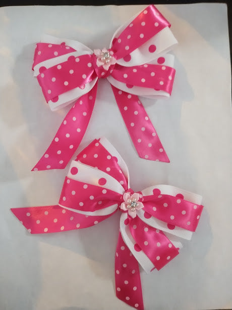 Pink & White Poker Dot Bow  - Handmade