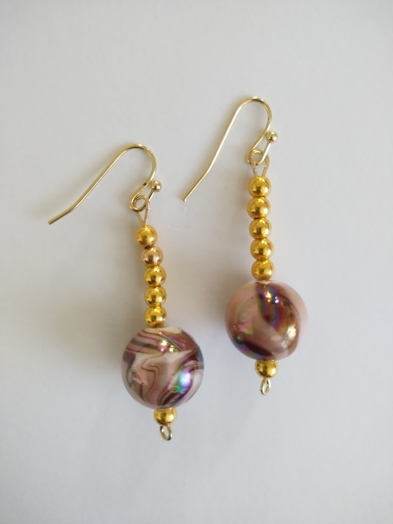 Tan and Gold Sphere Earrings - Handmade Jewelry