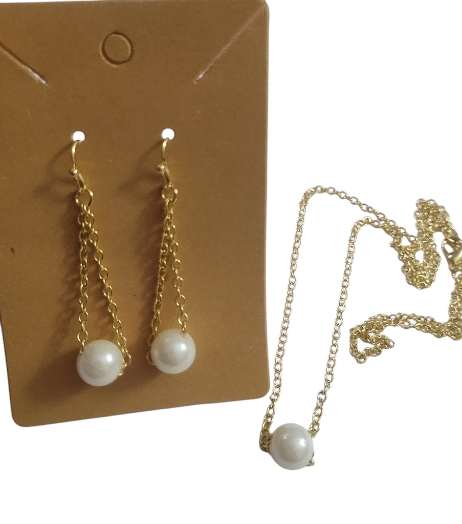 Single Pearl Dangle Earrings and Necklace Set - Elegant, Chain Link Earring and Necklace, Minimalist, Makes a for a lovely gift - Handmade Jewelry