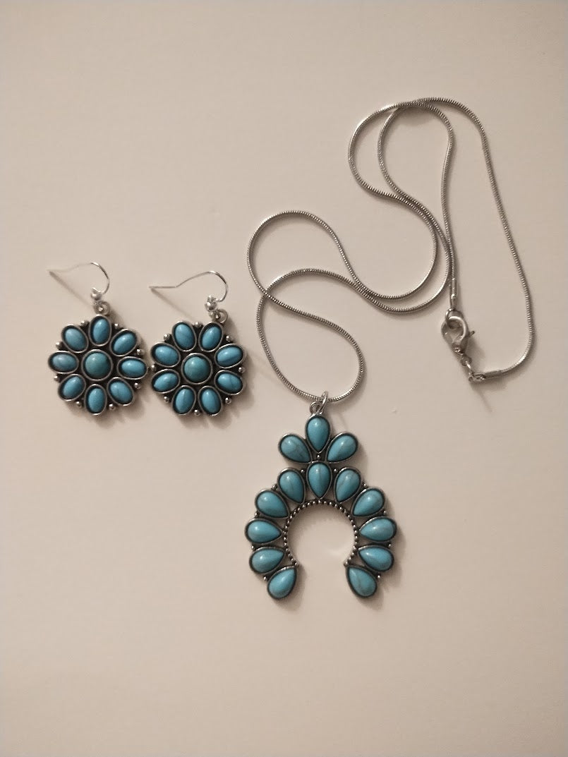 Faux Turquoise Earrings and Necklace Set, Western Boho & Hippie - Handmade Jewelry